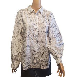 Chico's Sz 12/14 Novelty Vacation Print Eyelet Button Up Balloon Sleeve Top